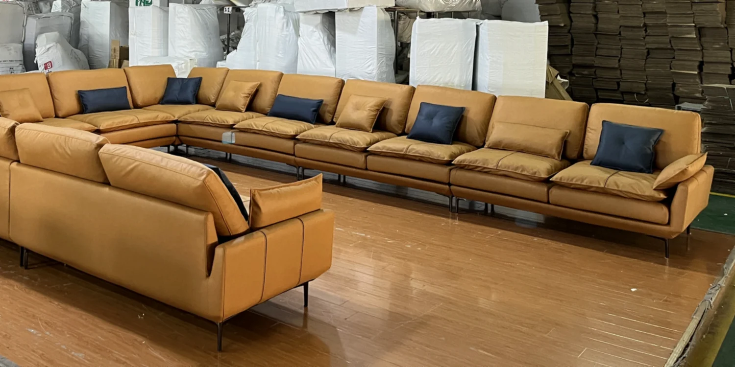 Tan home sofas photographed at a partner factory